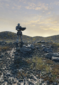 Future Marine Soldier Standing on a Rocky Hill, 3d digitally rendered science fiction illustration