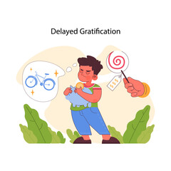 Pocket money concept. Thoughtful boy resists instant treat, envisioning a dream bicycle. The choice between immediate pleasure and future rewards. Learning financial patience. Flat vector illustration