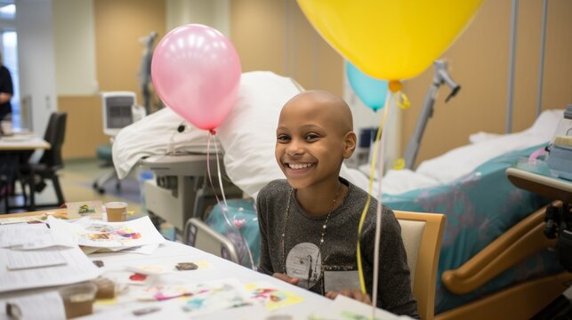 An emotional scene featuring a young cancer patient receiving a handmade card from a supportive community, depicting messages of encouragement and strength