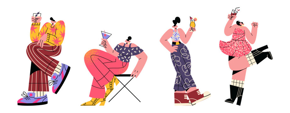 Happy girl characters at a party with cocktails and wine in their hands in 90s retro style. Disco, dancing people, party concept, young girls.