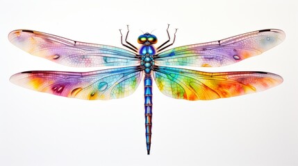 a graceful and colorful representation of a dragonfly, its transparent wings and agile flight captured in vibrant hues on a white background, symbolizing freedom and lightness.