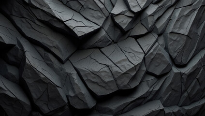 black volumetric texture of stone with cracks, background, wallpaper. Wall decoration with dark...