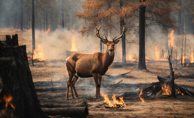 Animal in the forest running away from wildfire