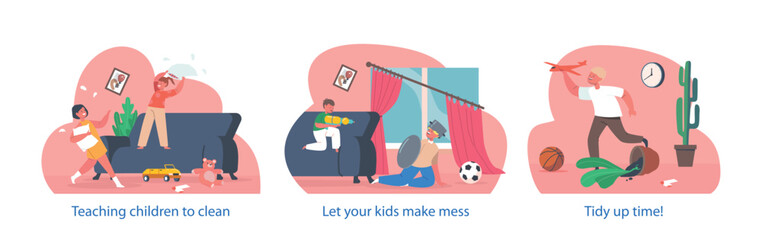 Isolated Vector Elements, Chaos Reigns As Gleeful Kids Characters Unleash Their Creativity, Turning A Once Tidy Space