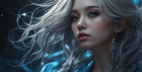 portrait of a young girl with anime style. long blond hair, expressive eyes. The girl's gaze is directed directly at the viewer, special charm and unique look. Cyberpunk 2077 Universe - obrazy, fototapety, plakaty