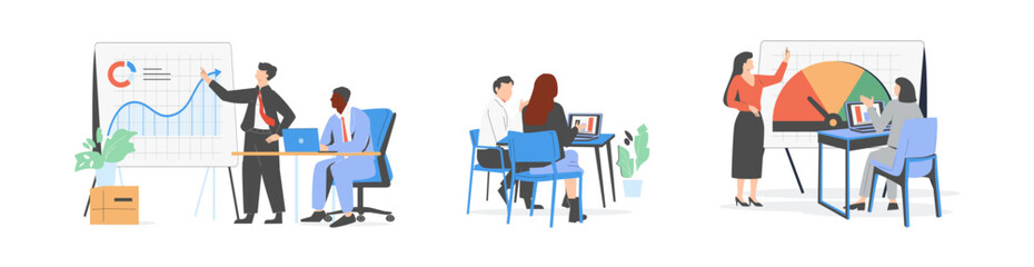 Collection of scenes at office. Bundle of men and women taking part in business meeting, negotiation, brainstorming