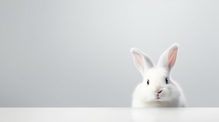 Obraz premium cute animal pet rabbit or bunny white color smiling and laughing isolated with copy space for easter background, rabbit, animal, pet, cute, fur, ear, mammal, background, celebration, generate by AI
