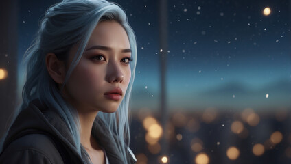 portrait of a young girl with anime style. long blond hair, expressive eyes. The girl's gaze is directed directly at the viewer, special charm and unique look. Cyberpunk 2077 Universe - obrazy, fototapety, plakaty