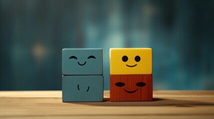 Mental health and emotional state, Smile face in bright side and sad face in dark side on wooden block cube for positive mindset selection, expression, mask, bipolar, generate by AI.