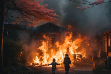 portrait of two Asian children in despair, the ruins of a house in the background, flames and smoke from a fire. A tense scene: a family without an apartment. The concept of losing a house - obrazy, fototapety, plakaty