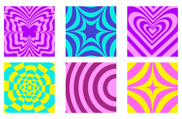 a set of Y2k backgrounds. In a retro psychedelic style. in lilac, yellow, pink tones. vector backgrounds with butterflies, hearts, stars and circles