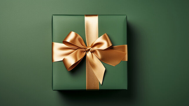 green gift box with satin ribbon and bow on green background