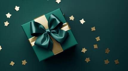 green gift box with satin ribbon and bow on green background