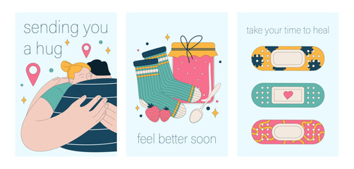 Get well soon card set. Positive and motivational poster with greeting quote. Medicine postcard with feel better lettering. Recovery affirmation and wishes. Flat vector Illustration