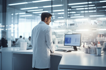 researcher using PC in laboratory. 
the concept of scientists doing research