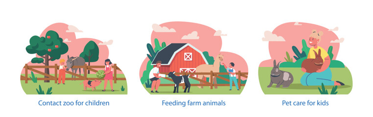 Isolated Vector Elements With Joyful Kids Characters Giggling As They Feed Animals In A Lively Petting Zoo