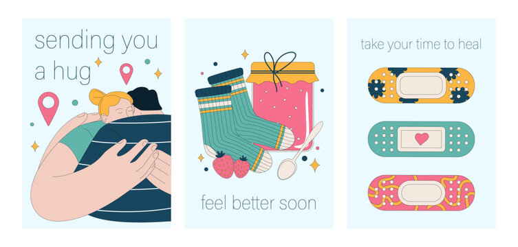Get well soon card set. Positive and motivational poster with greeting quote. Medicine postcard with feel better lettering. Recovery affirmation and wishes. Flat vector Illustration