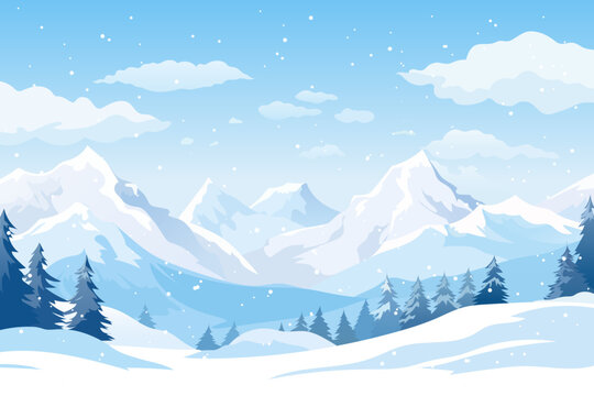 Christmas landscape of winter mountains and forests. Beautiful rocks and mountain peaks in the snow, spruce, pine and large snowdrifts in snowy weather. New Year's design.