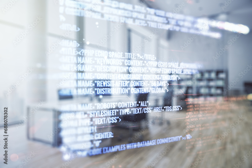 Poster double exposure of abstract creative programming illustration on a modern furnished office interior 