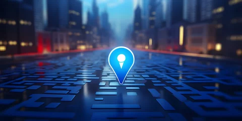 Fotobehang Blue location pin sign icon and gps navigation map road direction or internet search bar technology symbol on position place background with find route mark travel destination navigator. 3D rendering © Jing