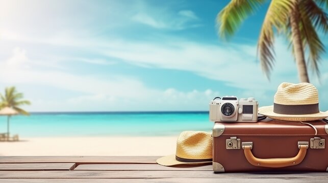 Summer vacation travel design concept. Vintage suitcase, hipster hat, on wooden deck. background Tropical sea, beach and palm trees.