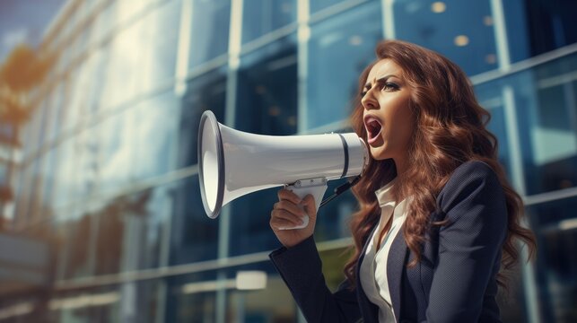 Businesswoman shouting through a megaphone outside in front of office building.