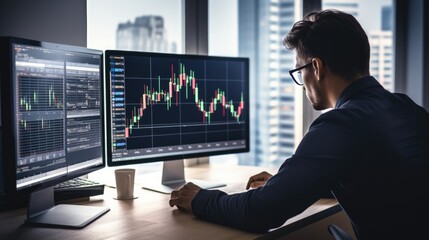 Crypto trader sitting in front of computers with multi-monitor workstation, making professional analysis of candlestick chart. - obrazy, fototapety, plakaty