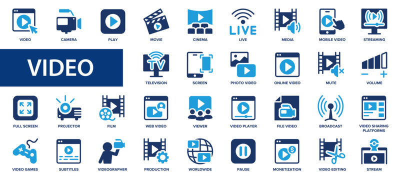 Video flat icons set. Cinema, screen, streaming, film, play, player, movie, pause icons and more signs. Flat icon collection.