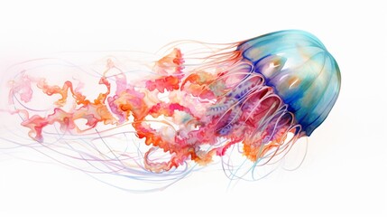 a graceful and colorful representation of a jellyfish, its transparent body and gentle movements captured in vibrant hues on a white background, symbolizing the ethereal beauty of marine life.