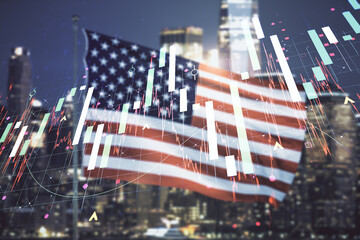 Multi exposure of virtual abstract financial graph interface on US flag and skyline background,...