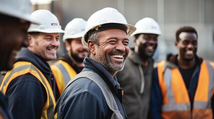 Portrait of engineer man smiling in diverse group of team on construction site. - Powered by Adobe