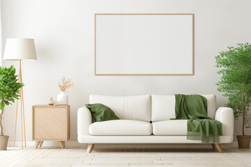 Modern living room, controlled in white and green tones.