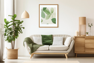 Modern living room, controlled in white and green tones.