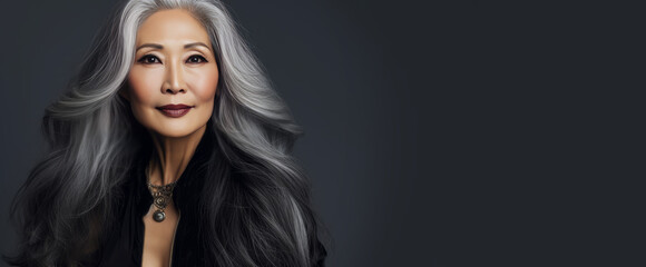 Smiling, elderly, gorgeous Asian woman with gray long hair and perfect skin, on a silver...