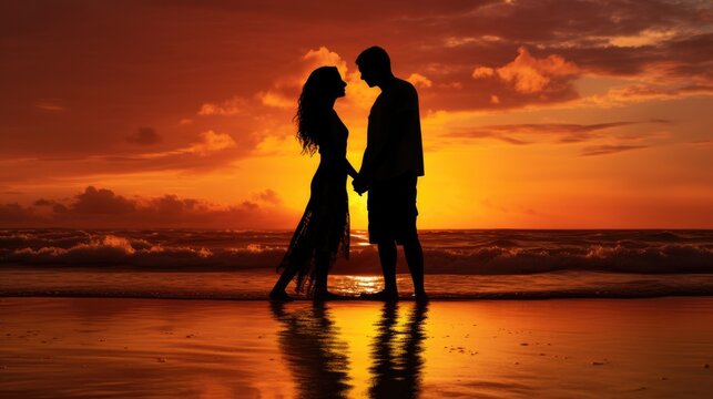 Silhouette of couple on the beach at sunset