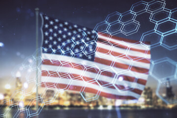Abstract virtual technology sketch with hexagon grid on US flag and city background, future...