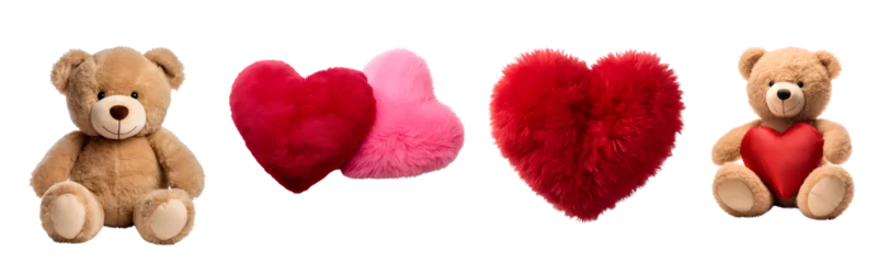 Fotobehang Fluffy Soft Pillow, Pink and Red Heart, and Teddy Bear: Valentine’s Day Set, Isolated on Transparent Background, PNG © Only Best PNG's