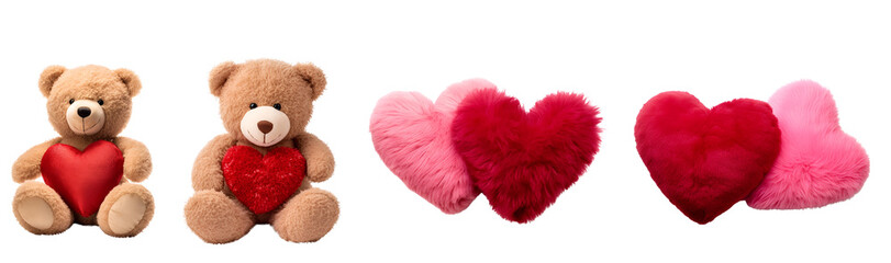 Teddy Bear, Heart in Pink and Red, and Fluffy Soft Pillow: Set for Valentine’s Day, Isolated on Transparent Background, PNG
