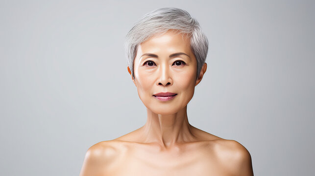 Elegant, smiling, elderly, chic Asian woman with gray hair and perfect skin on a white background banner.