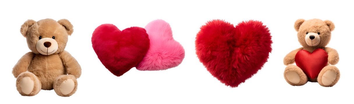 Fluffy Soft Pillow, Pink and Red Heart, and Teddy Bear: Valentine’s Day Set, Isolated on Transparent Background, PNG