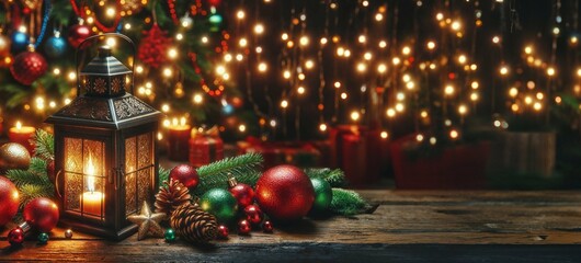 Fototapeta na wymiar Vintage Lantern with Christmas Decorations on Wooden Table, christmas tree lights