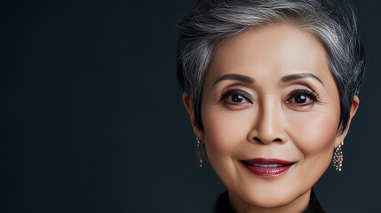 Elegant, smiling, elderly, chic Asian woman with gray hair and perfect skin on a silver background...