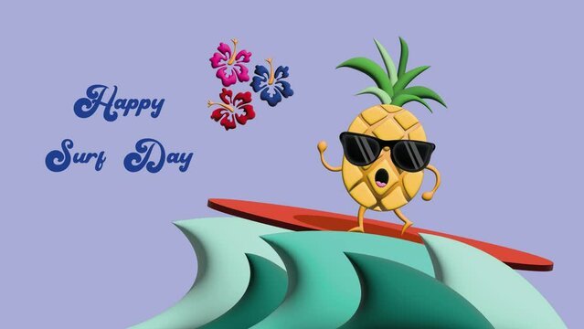 pineapple with sunglasses surfing on the waves animation with the text HAPPY SURF DAY