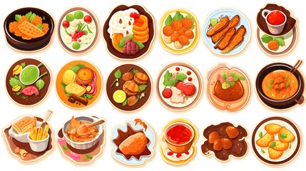 Various food dishes stickers set. Cute sticky labels decorated with Top view for cuisine of different countries. Flat Art Vector Illustration
