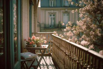 Fototapeta na wymiar Cozy city balcony with table in spring with flowering tree outside