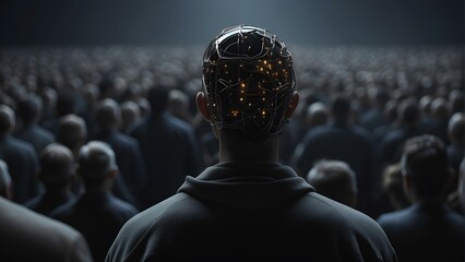 AI entity overlooking a crowd with circuits in its head - obrazy, fototapety, plakaty