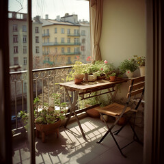 Fototapeta na wymiar Cozy city balcony with table and decorative plants in spring