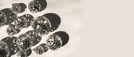 Sparkling disco balls collection. Monochrome holidays layout.