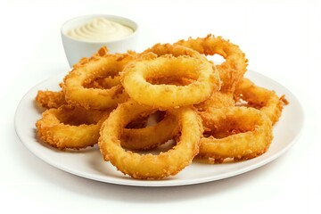Naklejka premium deep fried crispy onion rings with mayonnaise sauce