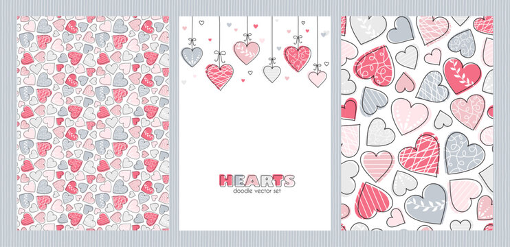 Set of hand drawn hearts cover templates, valentine's day hearts design, romantic hanging hearts doodle pattern.